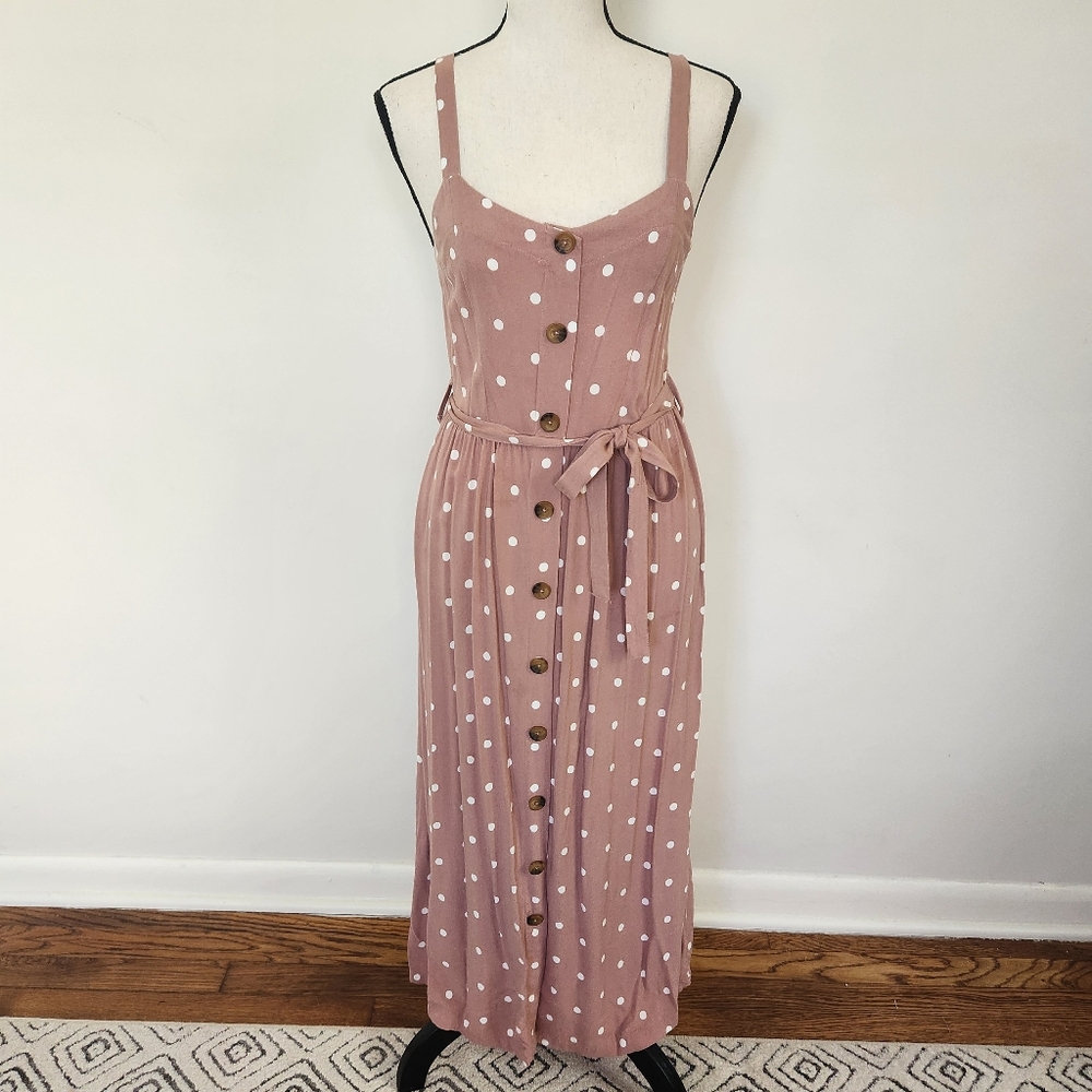 Rose Pink Polka Dot Mauve Midi Sundress Cottage French Girl Girlypop Retro M